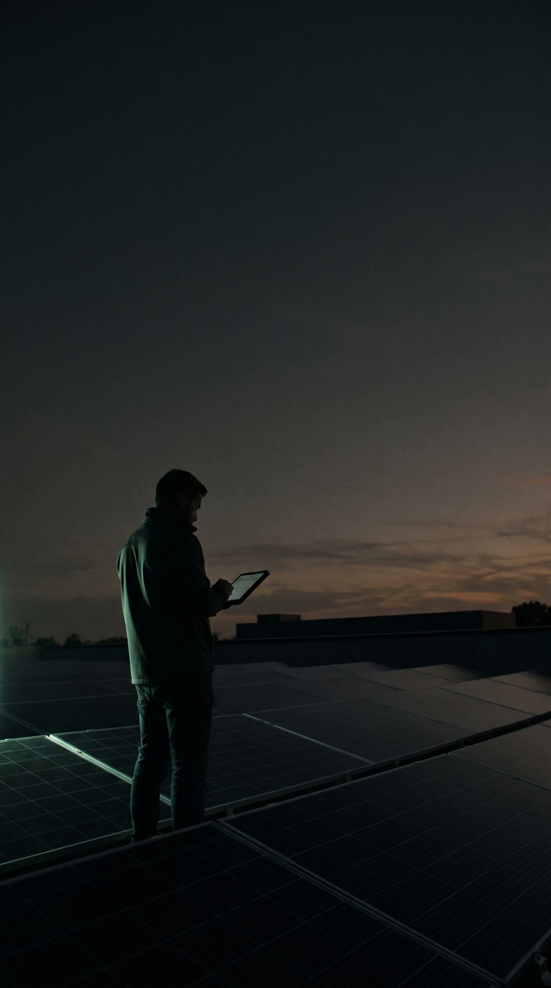 Instalador revisando paneles solares al atardecer.